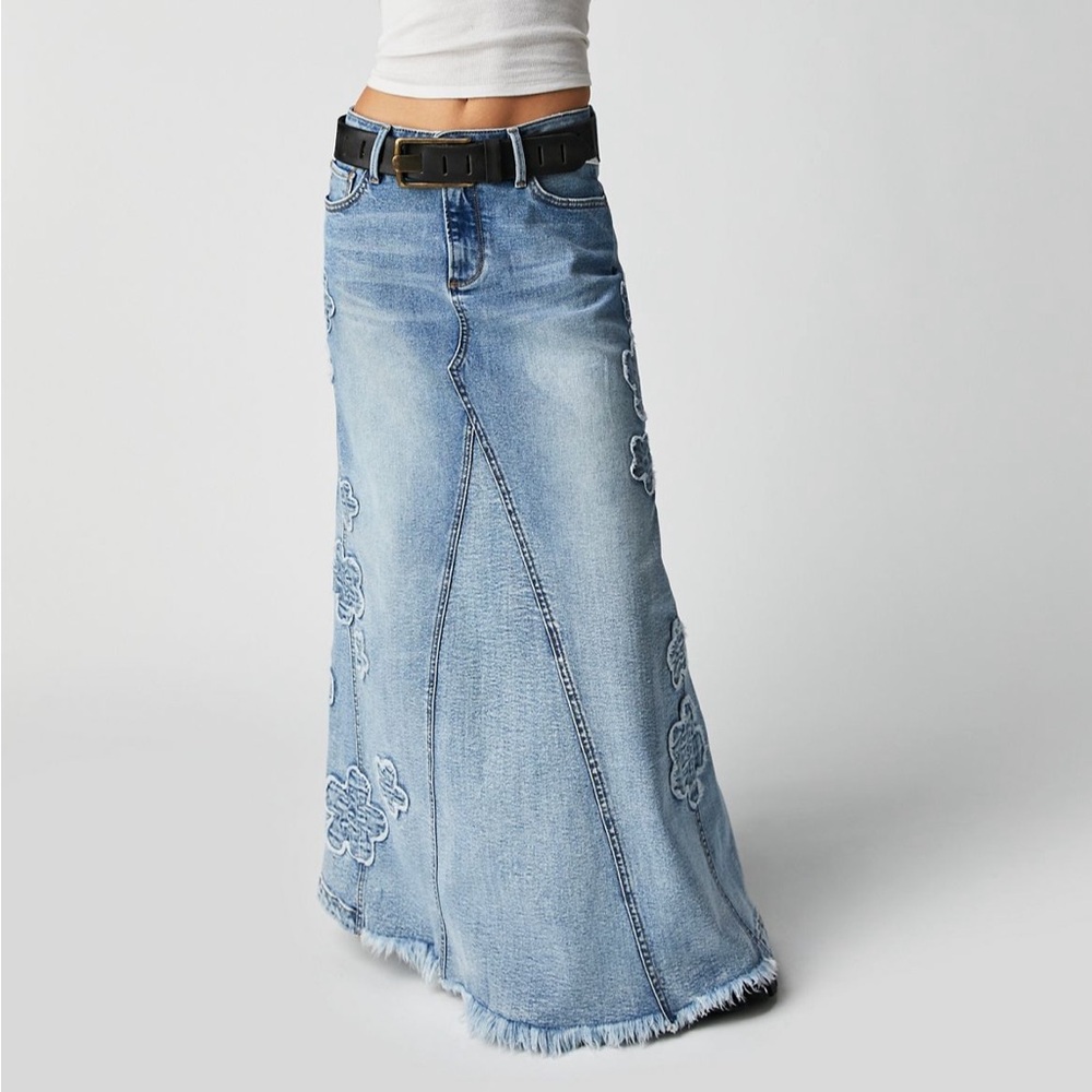 Free People x Driftwood Embroidered Denim Maxi Skirt